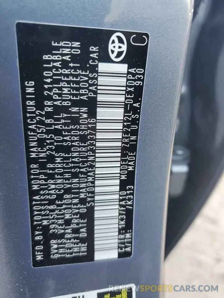 12 fotografías del automóvil dañado 5YFDPMAE2NP333716 TOYOTA COROLLA 2022