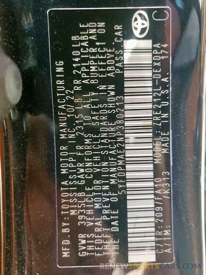 12 fotografías del automóvil dañado 5YFDPMAE2NP380213 TOYOTA COROLLA 2022