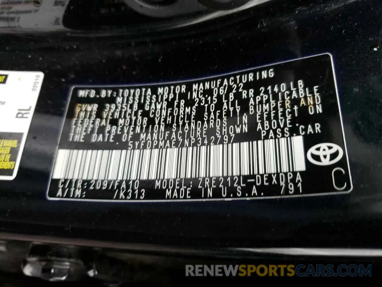 12 fotografías del automóvil dañado 5YFDPMAE7NP342797 TOYOTA COROLLA 2022