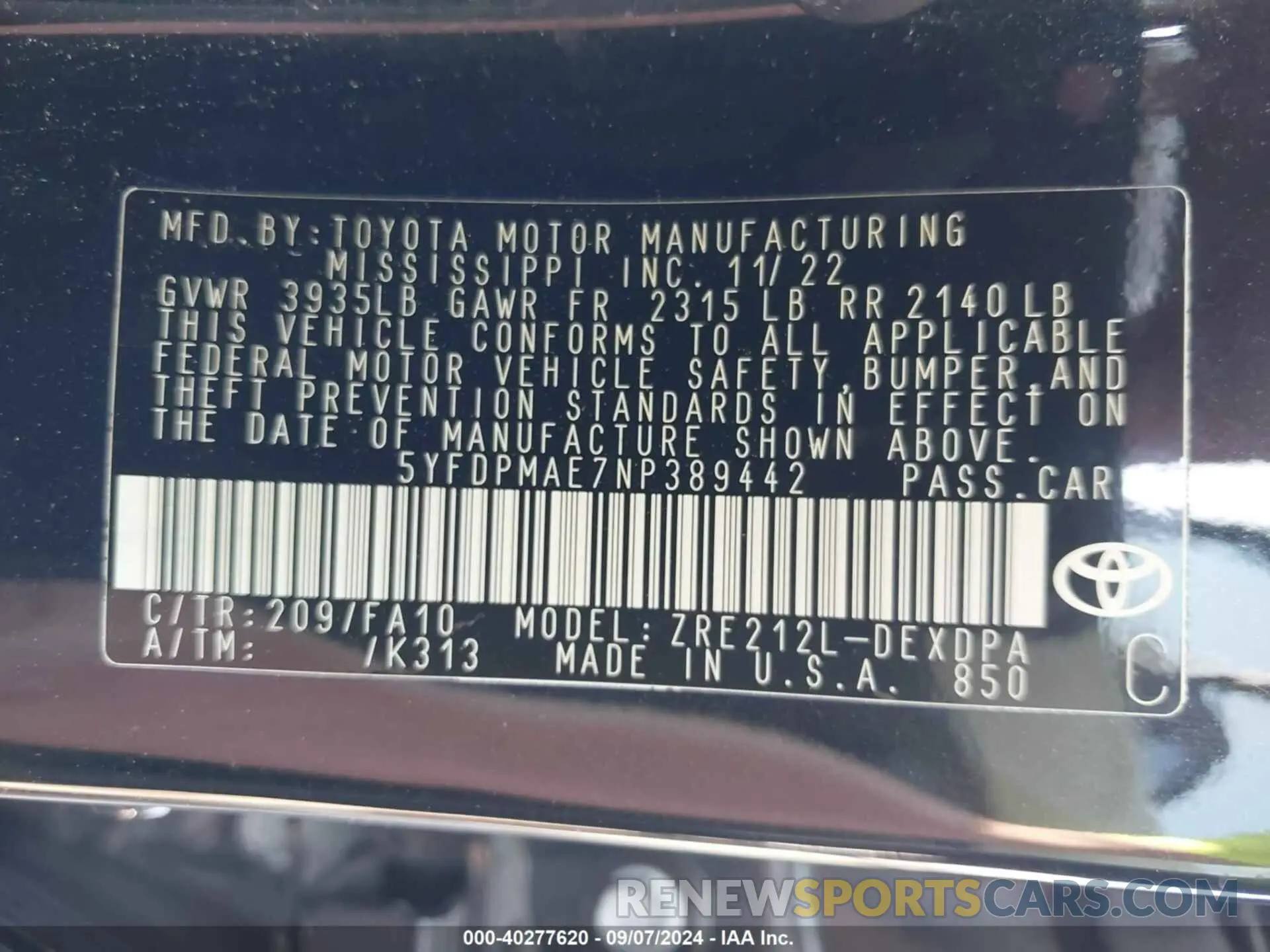 9 fotografías del automóvil dañado 5YFDPMAE7NP389442 TOYOTA COROLLA 2022