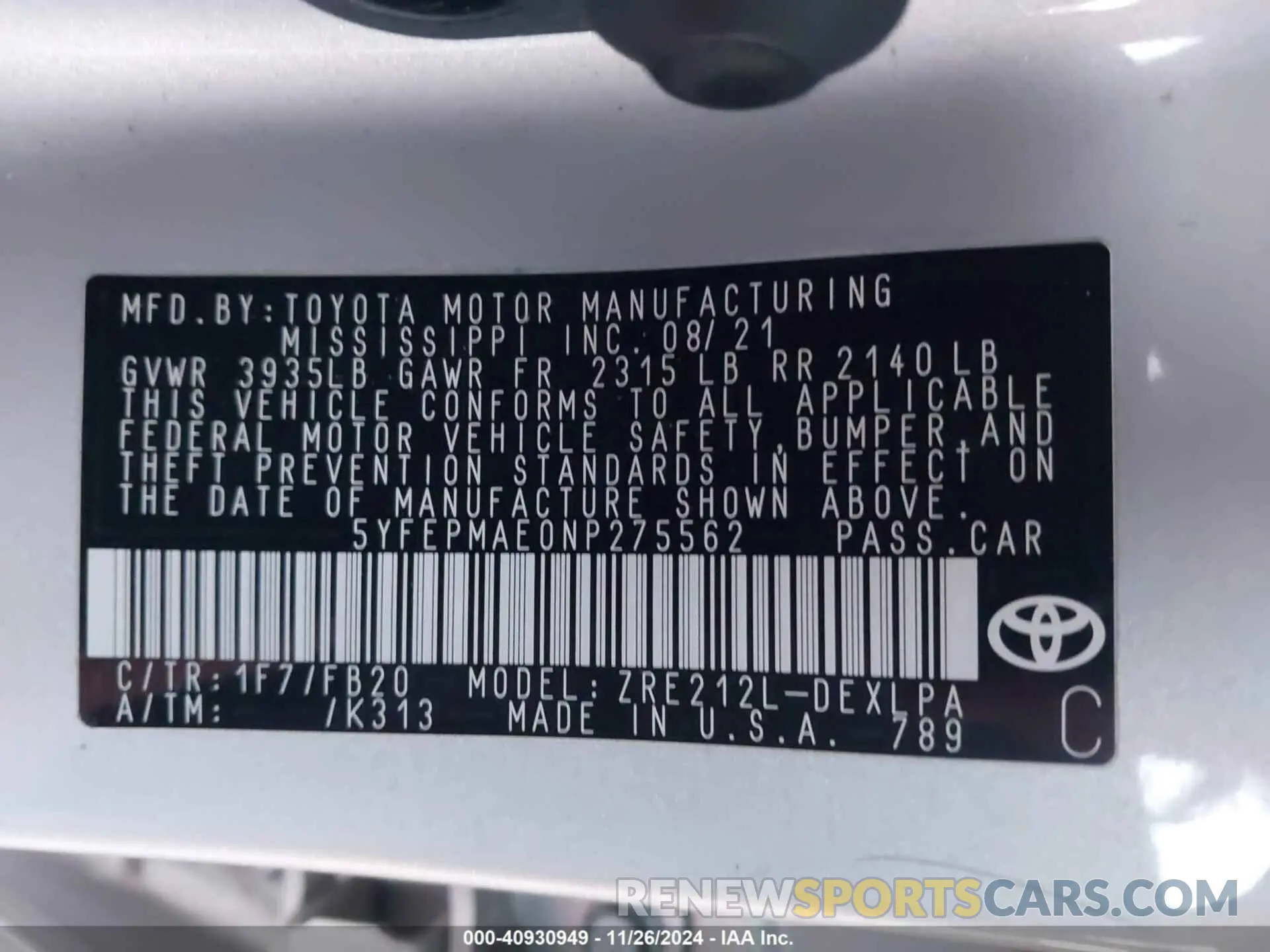 9 fotografías del automóvil dañado 5YFEPMAE0NP275562 TOYOTA COROLLA 2022