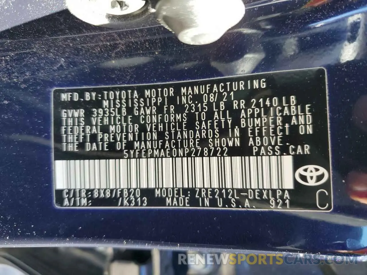 12 fotografías del automóvil dañado 5YFEPMAE0NP278722 TOYOTA COROLLA 2022