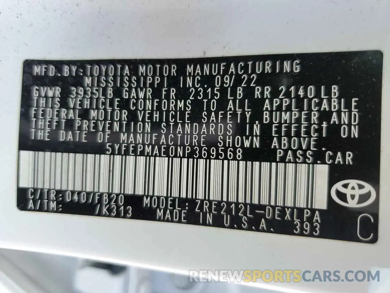 13 fotografías del automóvil dañado 5YFEPMAE0NP369568 TOYOTA COROLLA 2022