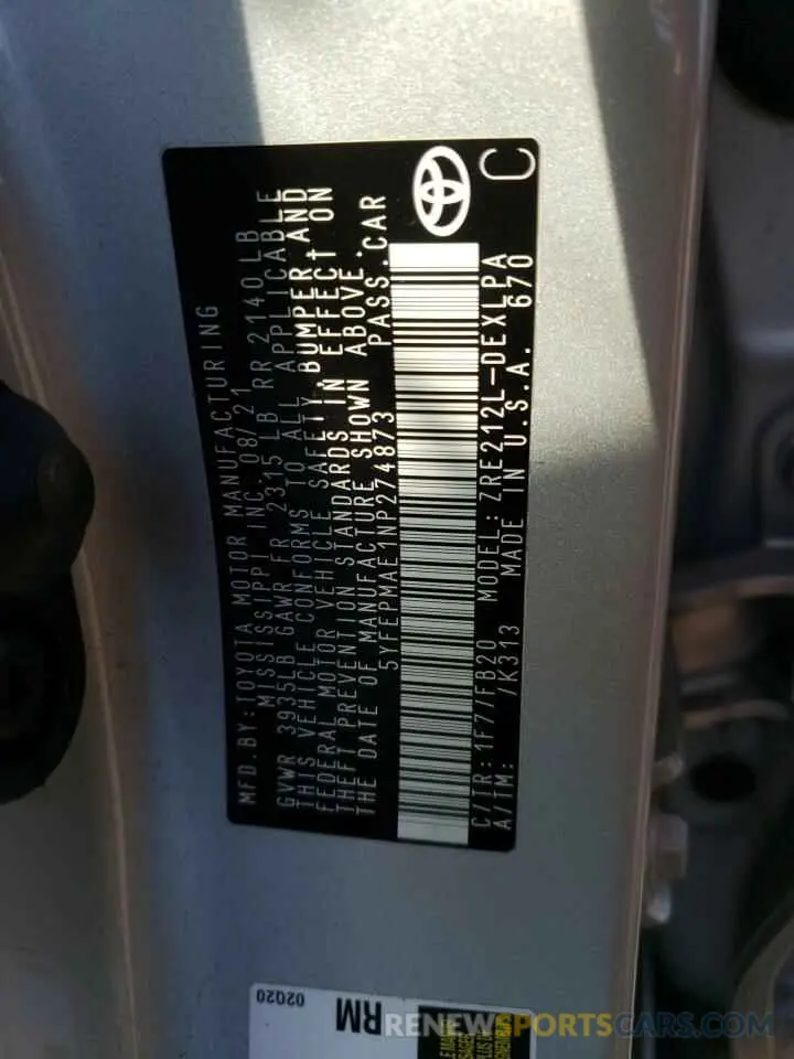 10 fotografías del automóvil dañado 5YFEPMAE1NP274873 TOYOTA COROLLA 2022