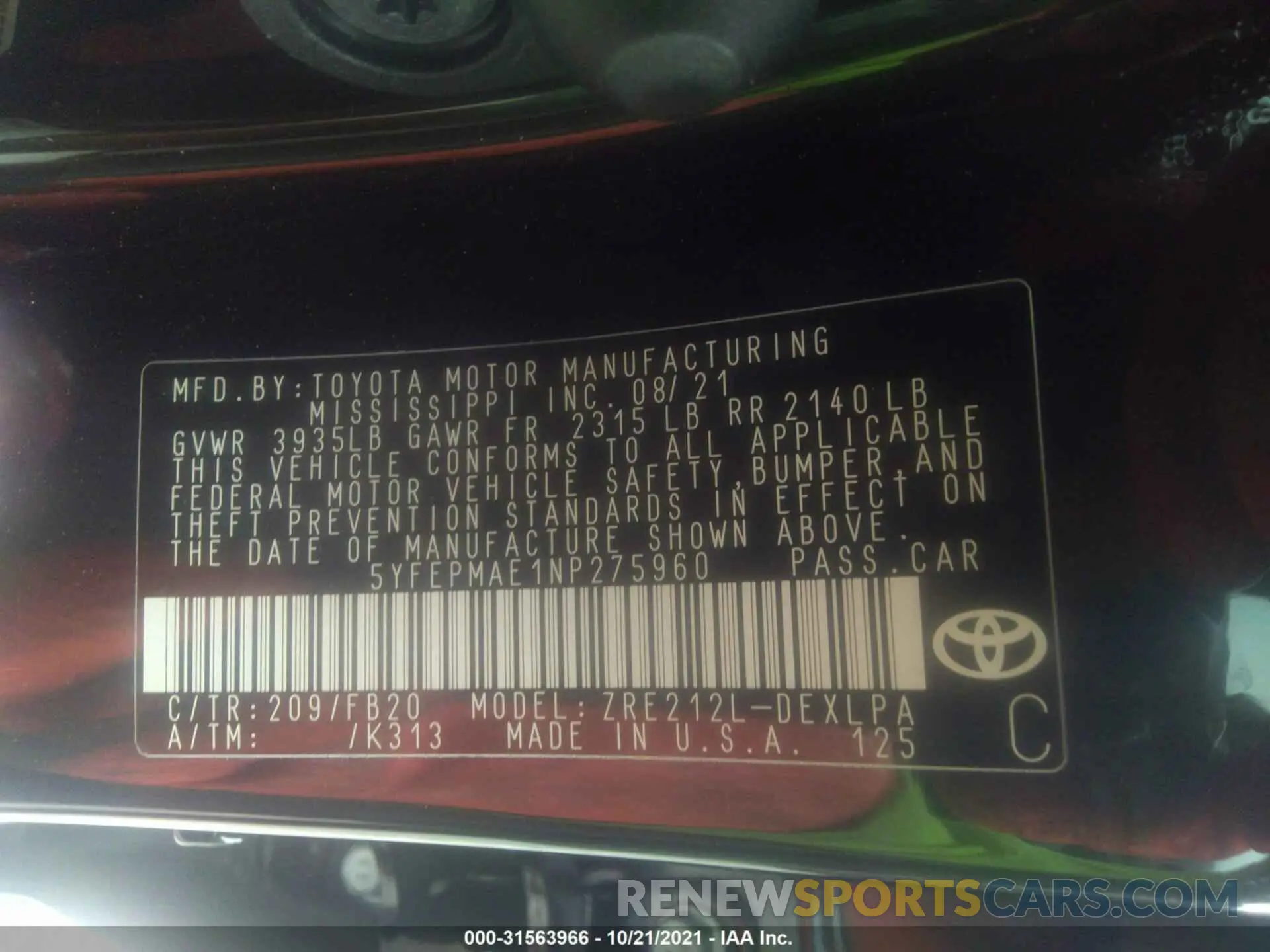 9 fotografías del automóvil dañado 5YFEPMAE1NP275960 TOYOTA COROLLA 2022
