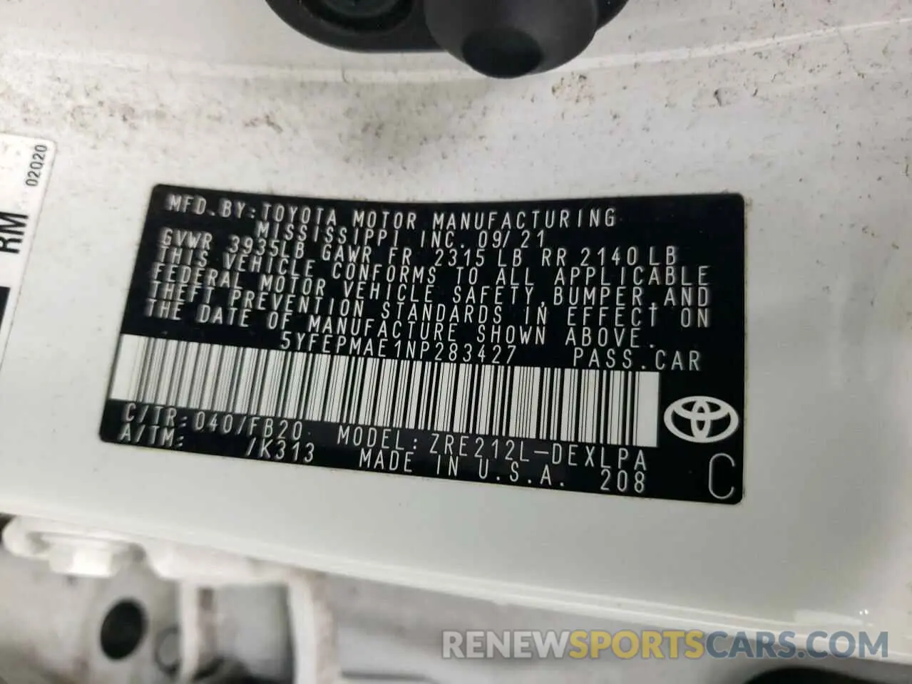 12 fotografías del automóvil dañado 5YFEPMAE1NP283427 TOYOTA COROLLA 2022