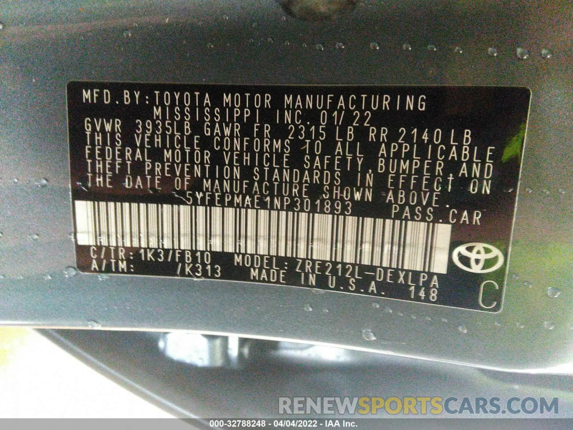 9 fotografías del automóvil dañado 5YFEPMAE1NP301893 TOYOTA COROLLA 2022