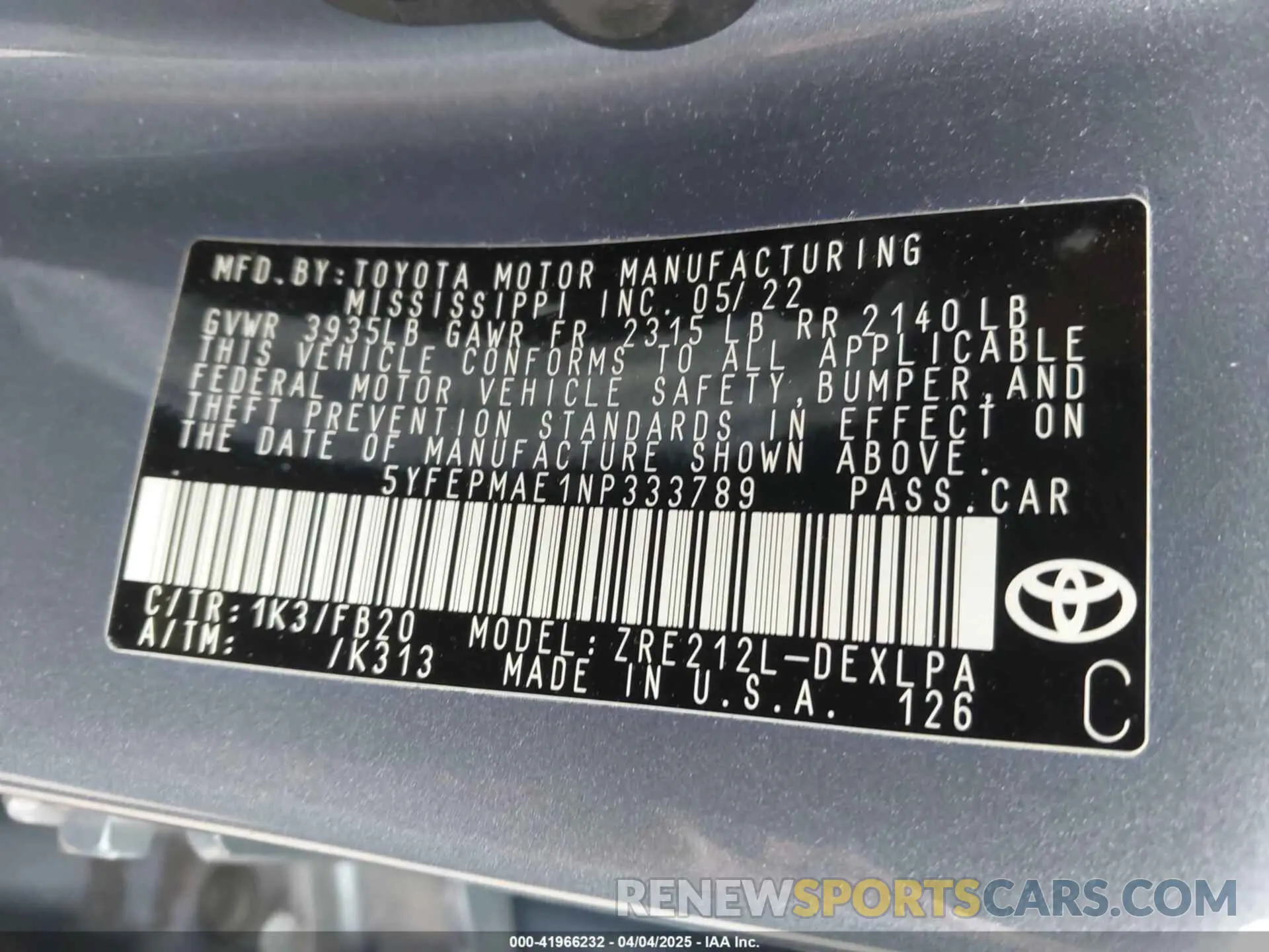 9 fotografías del automóvil dañado 5YFEPMAE1NP333789 TOYOTA COROLLA 2022