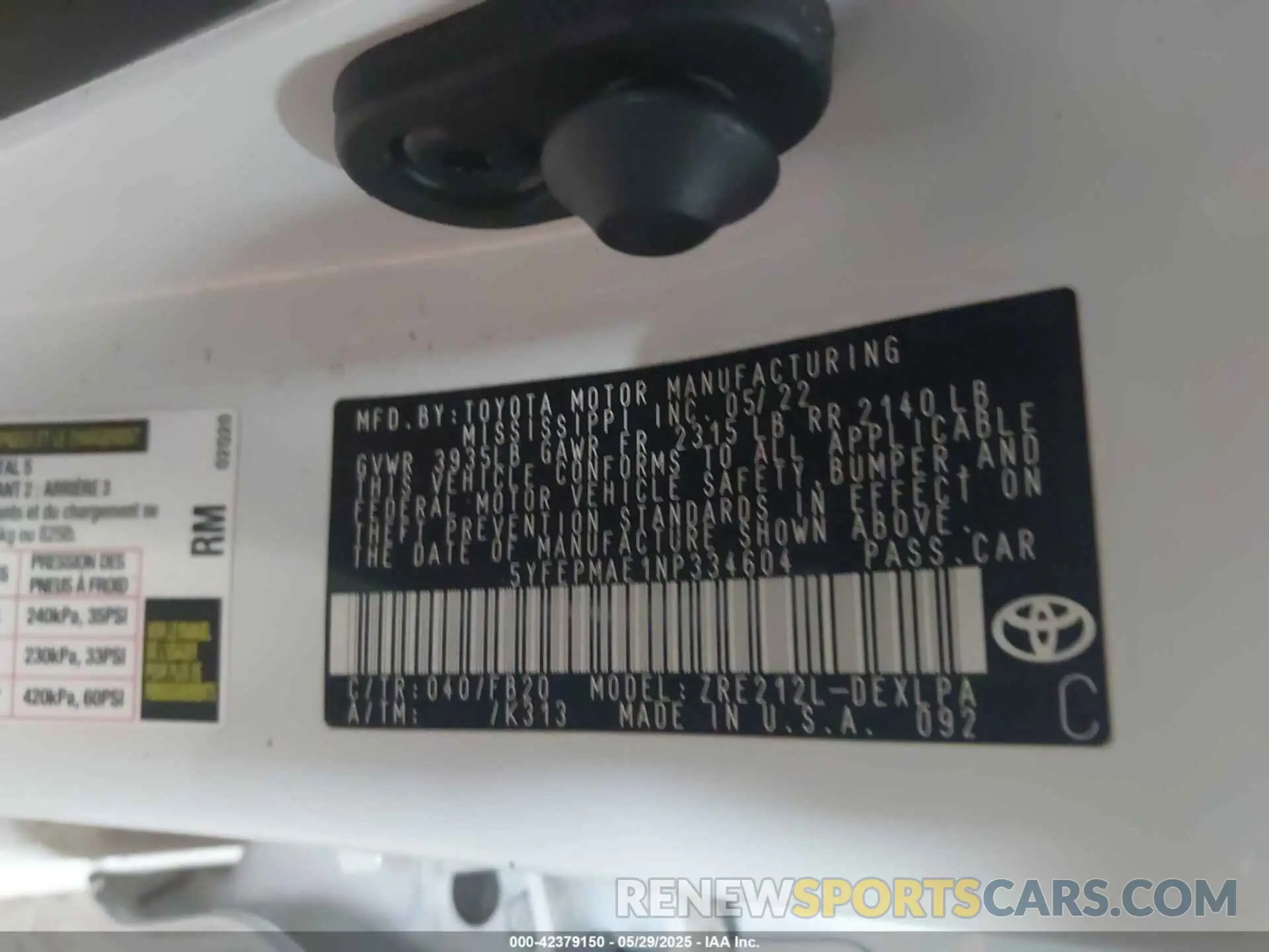 9 fotografías del automóvil dañado 5YFEPMAE1NP334604 TOYOTA COROLLA 2022