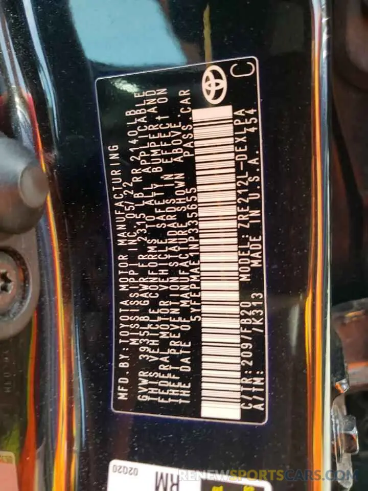 13 fotografías del automóvil dañado 5YFEPMAE1NP335655 TOYOTA COROLLA 2022