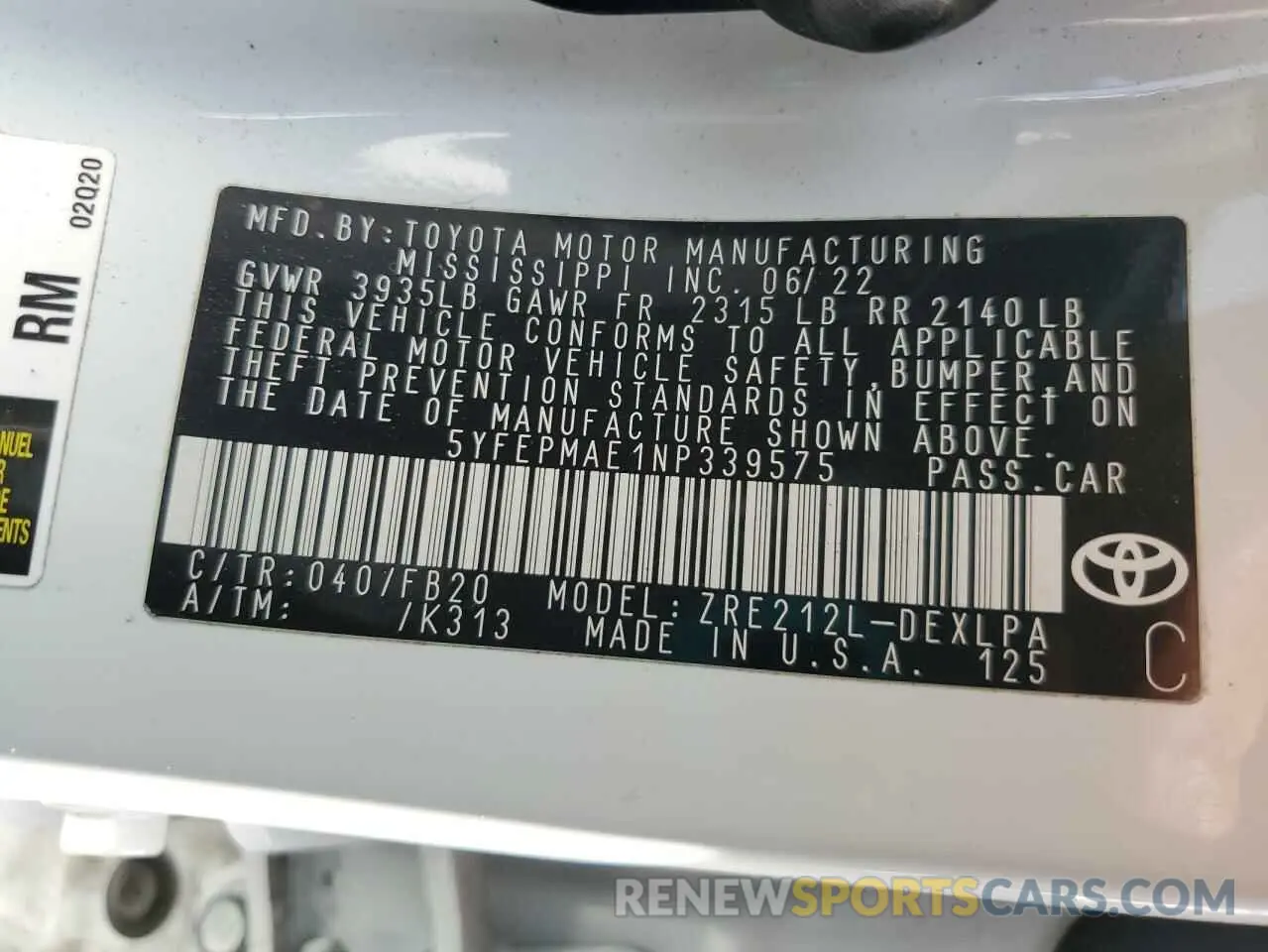 12 fotografías del automóvil dañado 5YFEPMAE1NP339575 TOYOTA COROLLA 2022