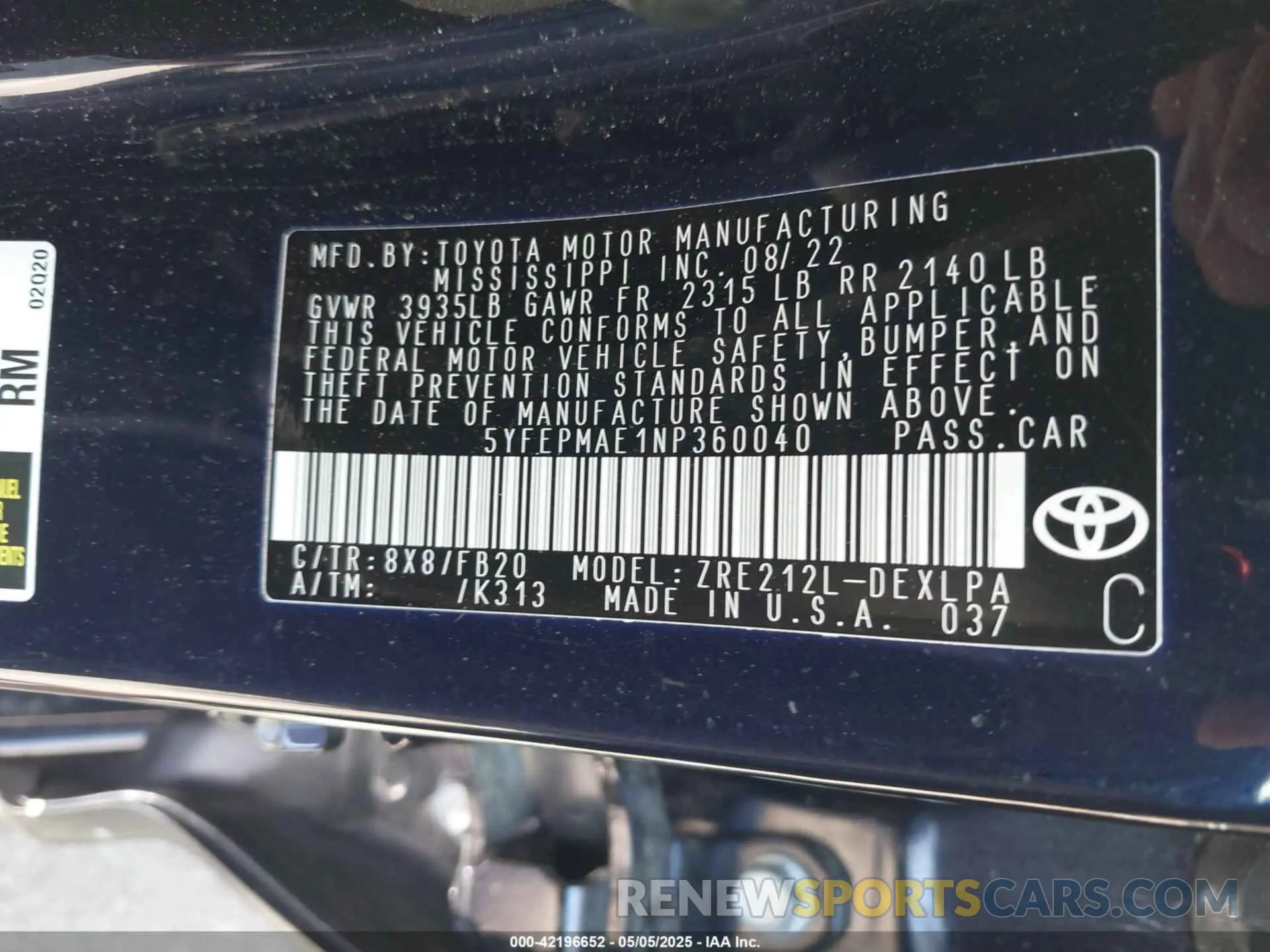 9 fotografías del automóvil dañado 5YFEPMAE1NP360040 TOYOTA COROLLA 2022