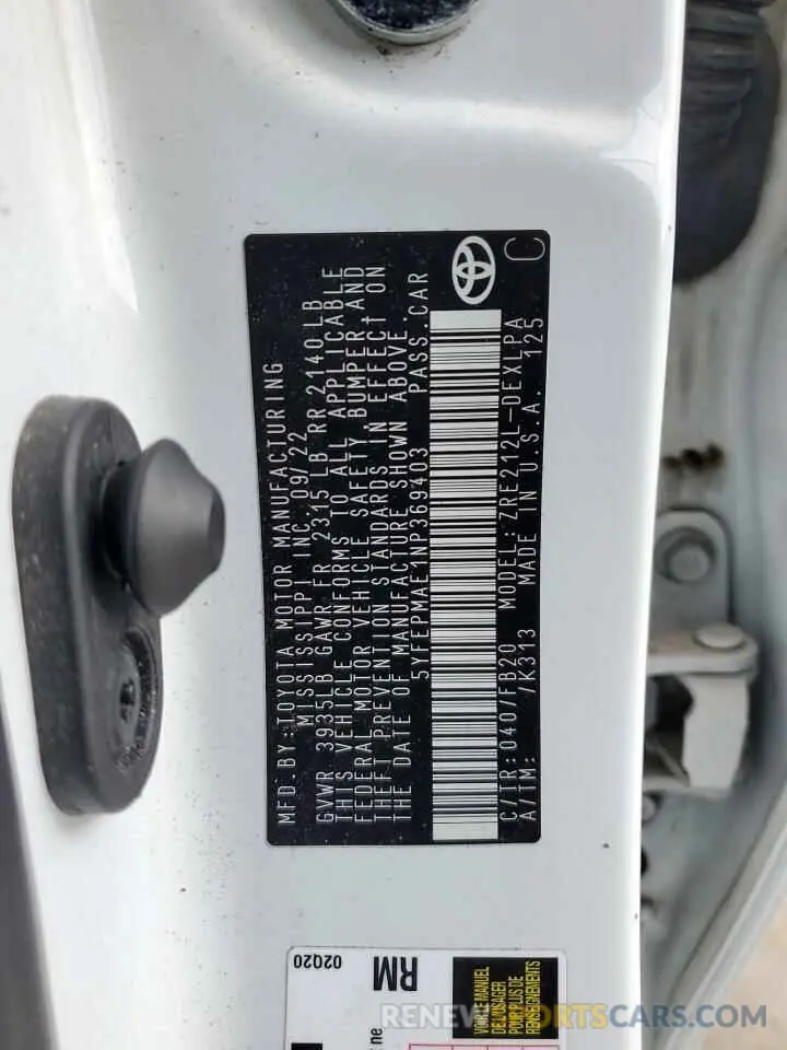 12 fotografías del automóvil dañado 5YFEPMAE1NP369403 TOYOTA COROLLA 2022
