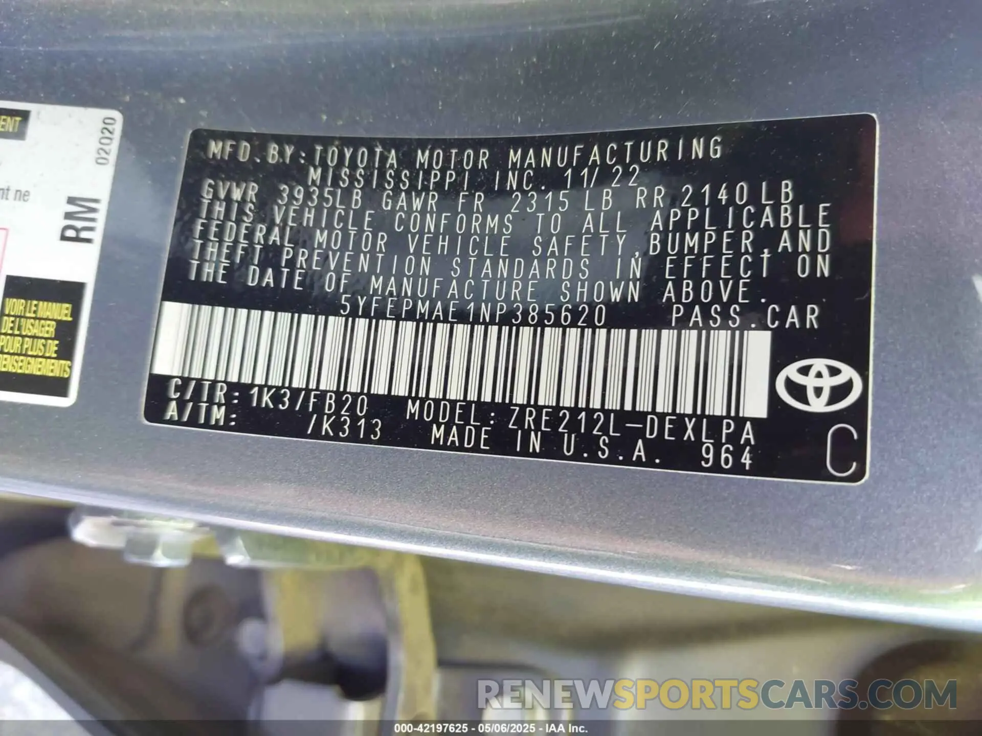 9 fotografías del automóvil dañado 5YFEPMAE1NP385620 TOYOTA COROLLA 2022