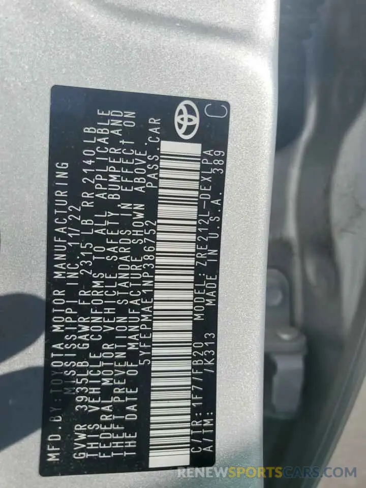 12 fotografías del automóvil dañado 5YFEPMAE1NP386752 TOYOTA COROLLA 2022