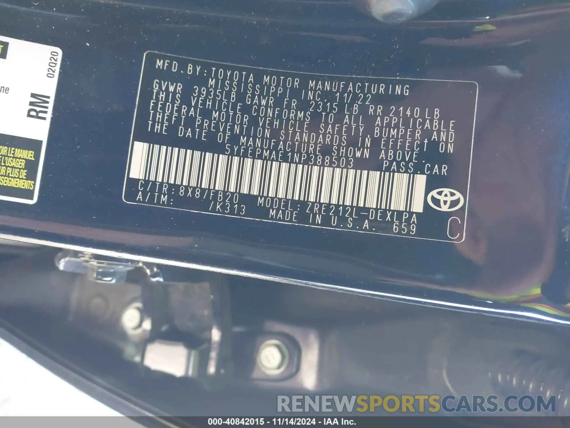 9 fotografías del automóvil dañado 5YFEPMAE1NP388503 TOYOTA COROLLA 2022