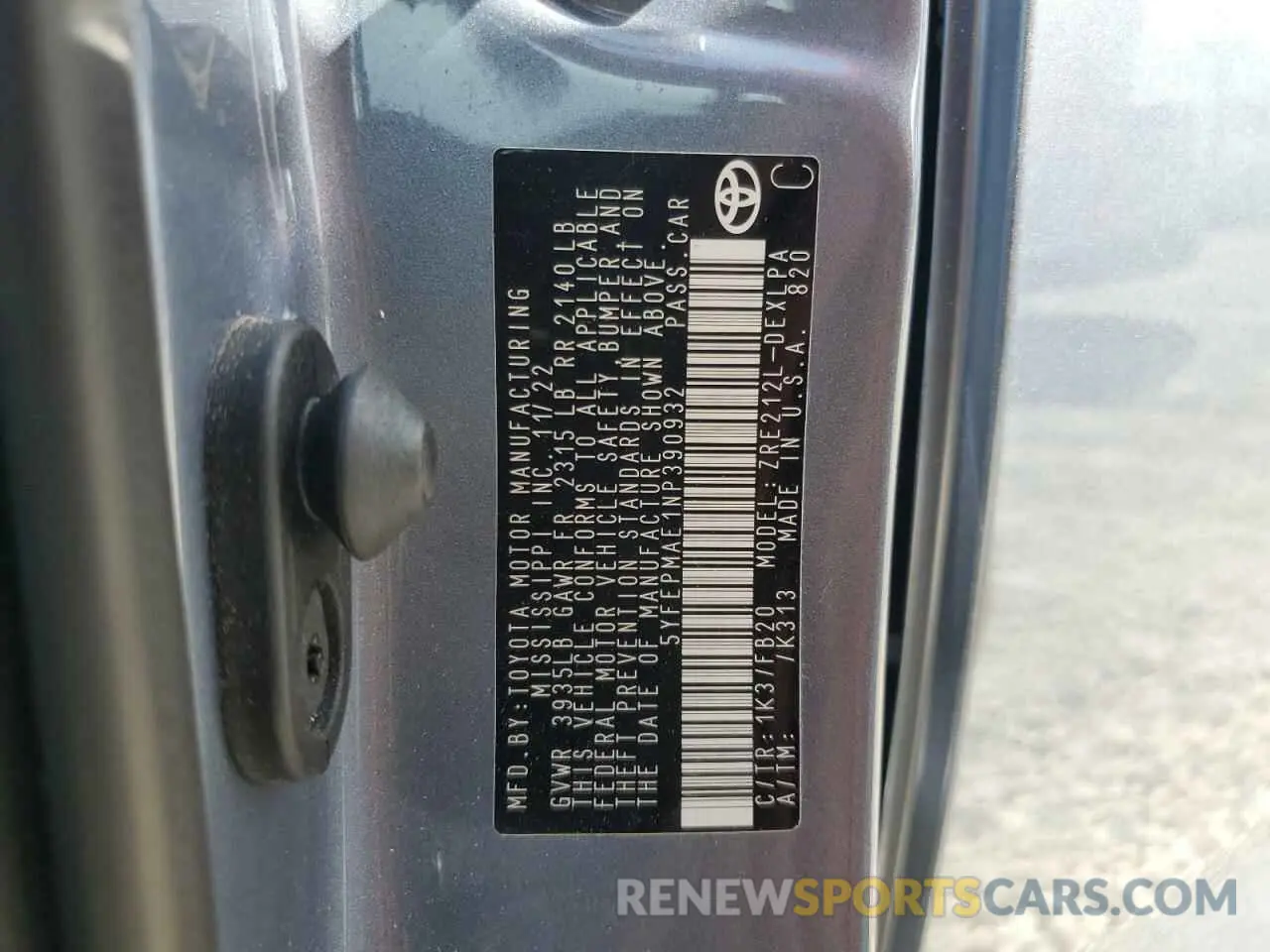 12 fotografías del automóvil dañado 5YFEPMAE1NP390932 TOYOTA COROLLA 2022