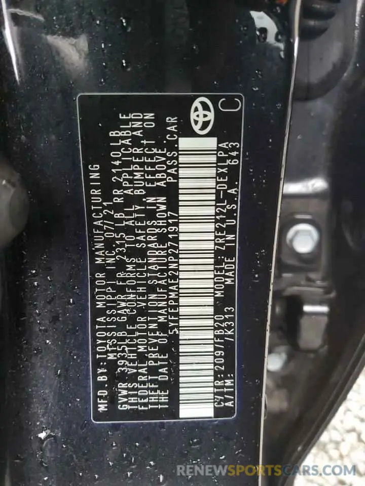 12 fotografías del automóvil dañado 5YFEPMAE2NP271917 TOYOTA COROLLA 2022