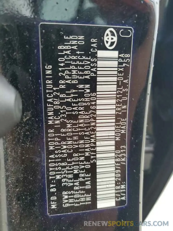 12 fotografías del automóvil dañado 5YFEPMAE2NP276406 TOYOTA COROLLA 2022