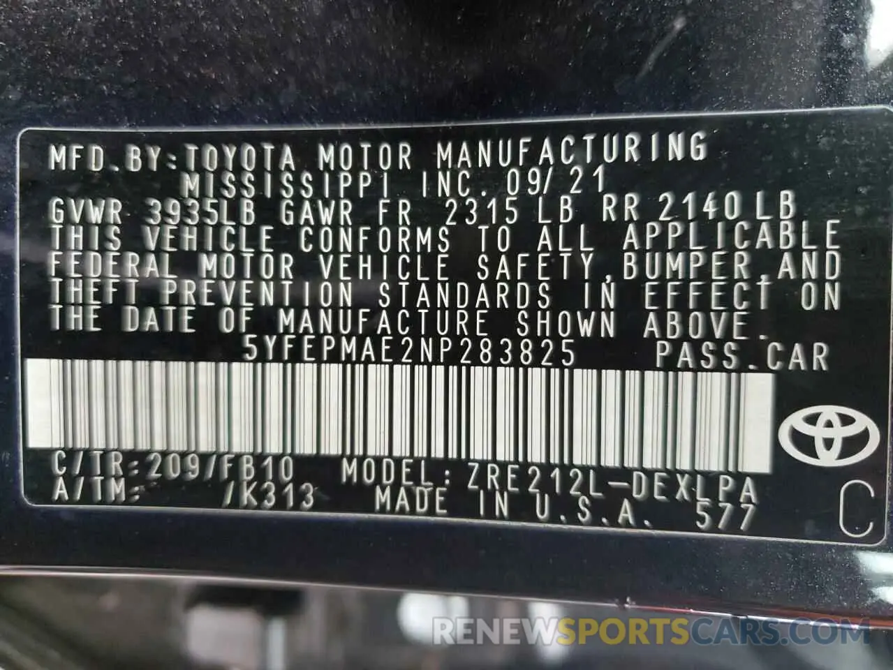 12 fotografías del automóvil dañado 5YFEPMAE2NP283825 TOYOTA COROLLA 2022