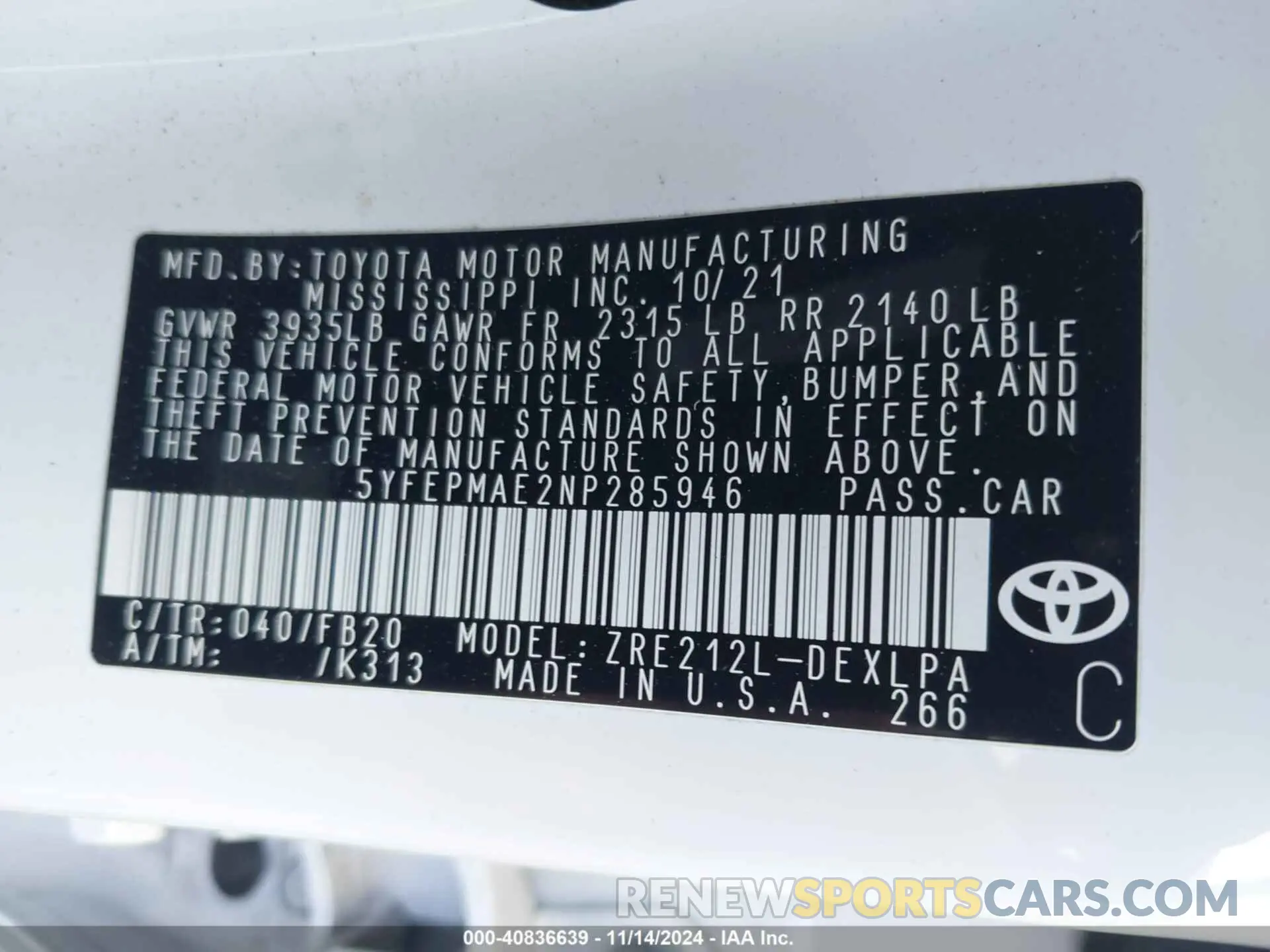 9 fotografías del automóvil dañado 5YFEPMAE2NP285946 TOYOTA COROLLA 2022
