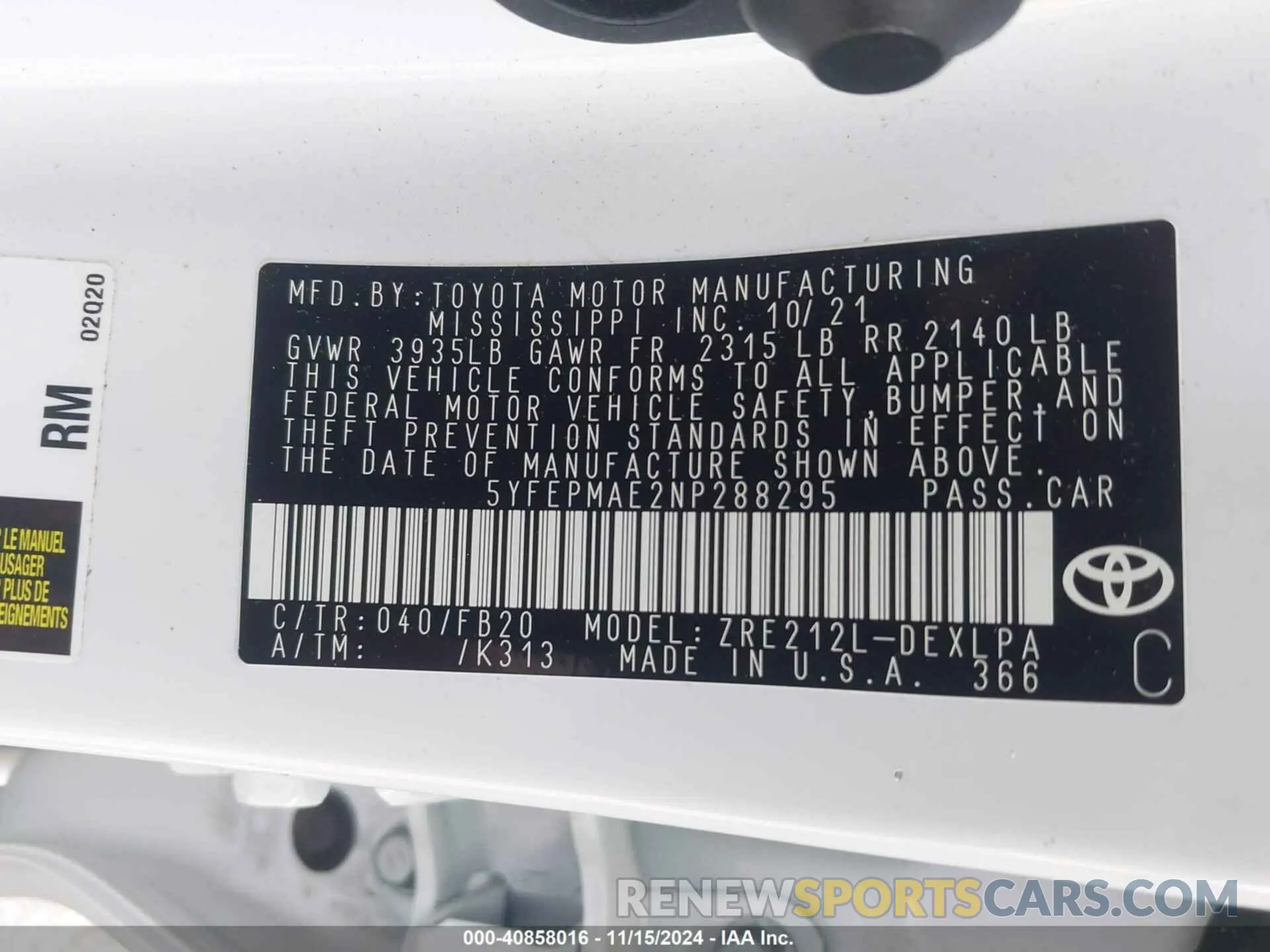 9 fotografías del automóvil dañado 5YFEPMAE2NP288295 TOYOTA COROLLA 2022