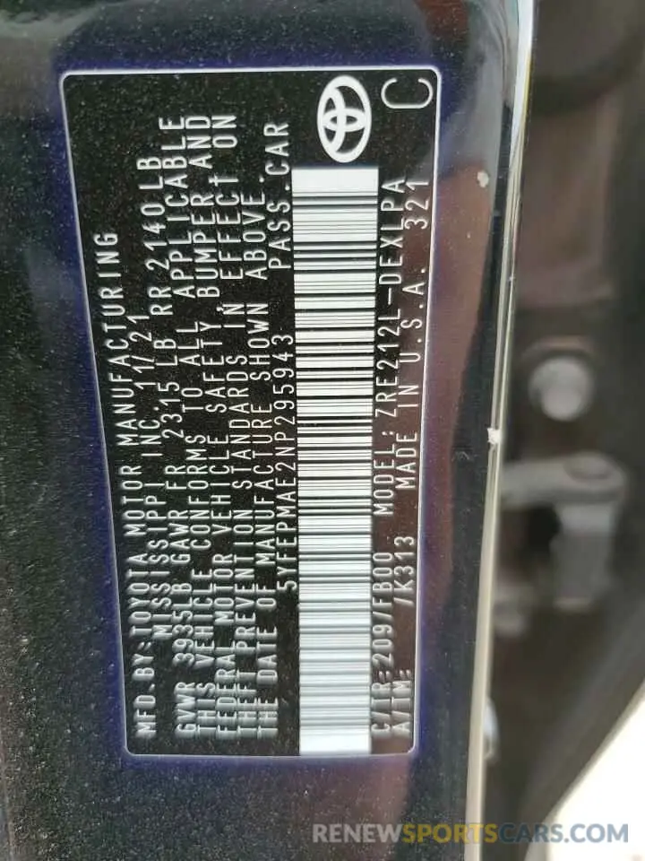 12 fotografías del automóvil dañado 5YFEPMAE2NP295943 TOYOTA COROLLA 2022