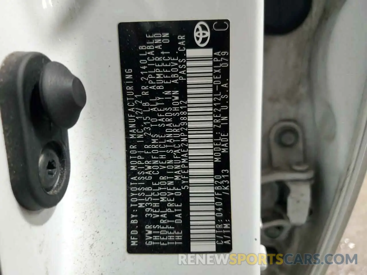 12 fotografías del automóvil dañado 5YFEPMAE2NP298812 TOYOTA COROLLA 2022