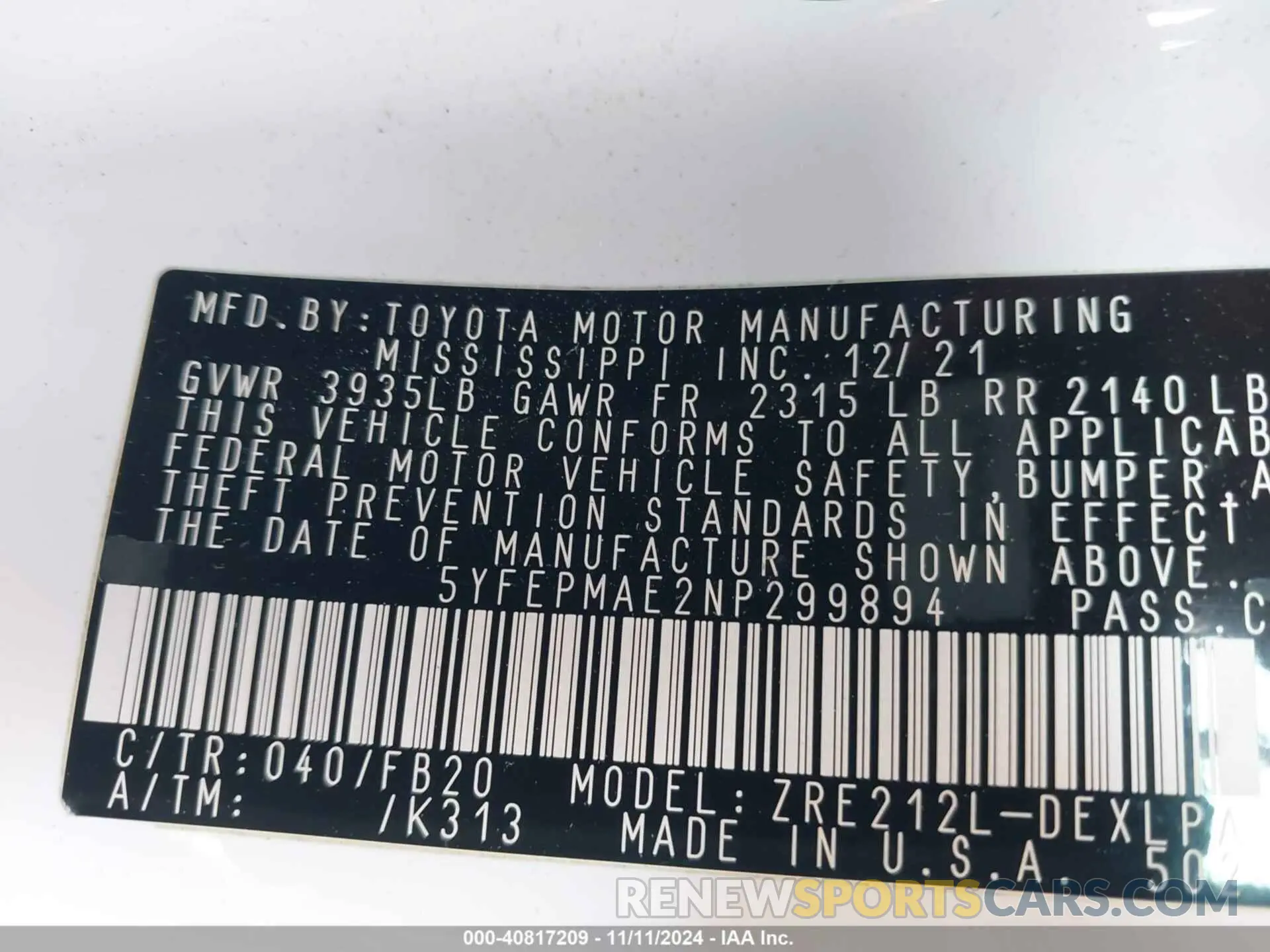 9 fotografías del automóvil dañado 5YFEPMAE2NP299894 TOYOTA COROLLA 2022