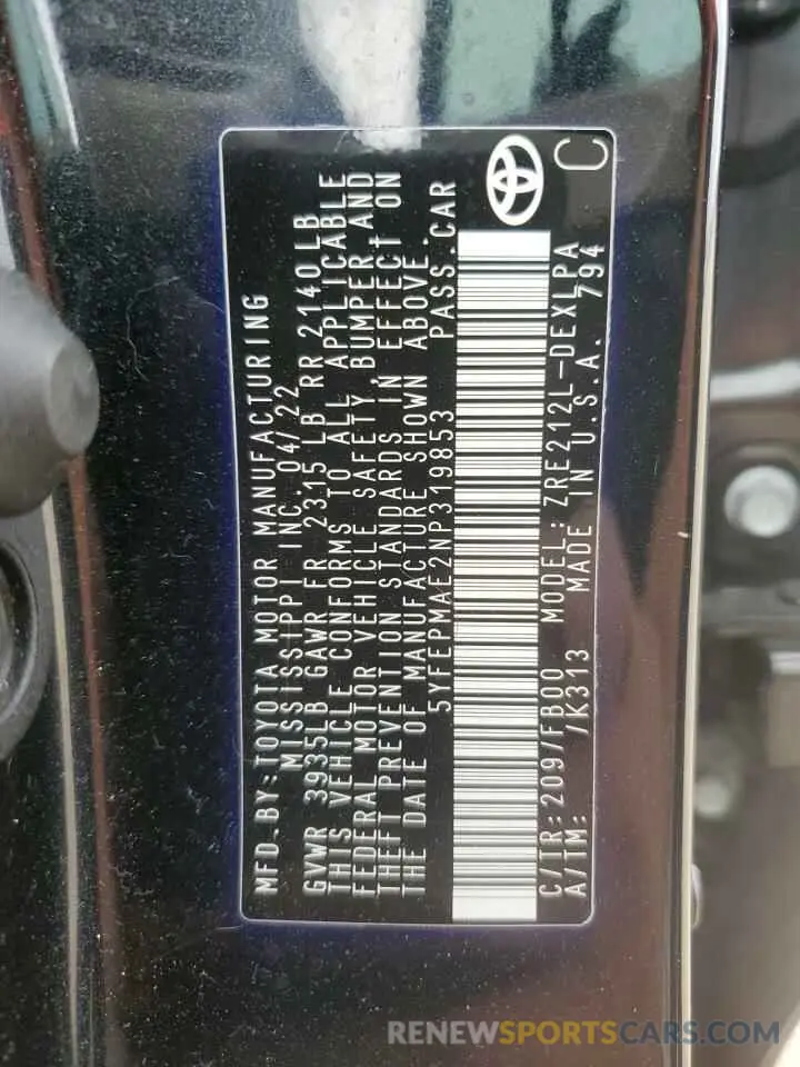 12 fotografías del automóvil dañado 5YFEPMAE2NP319853 TOYOTA COROLLA 2022