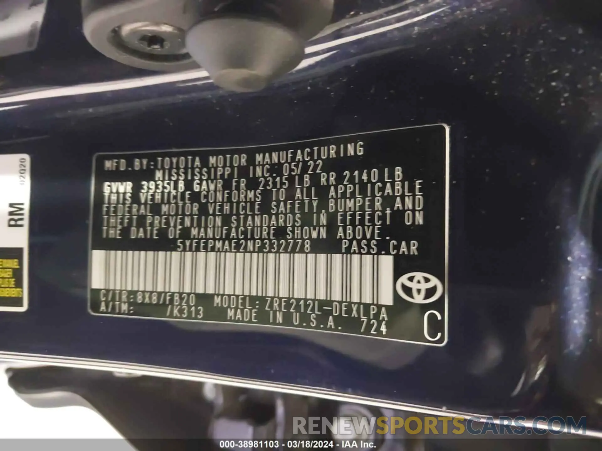 9 fotografías del automóvil dañado 5YFEPMAE2NP332778 TOYOTA COROLLA 2022