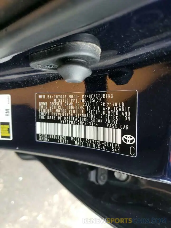 14 fotografías del automóvil dañado 5YFEPMAE2NP333414 TOYOTA COROLLA 2022