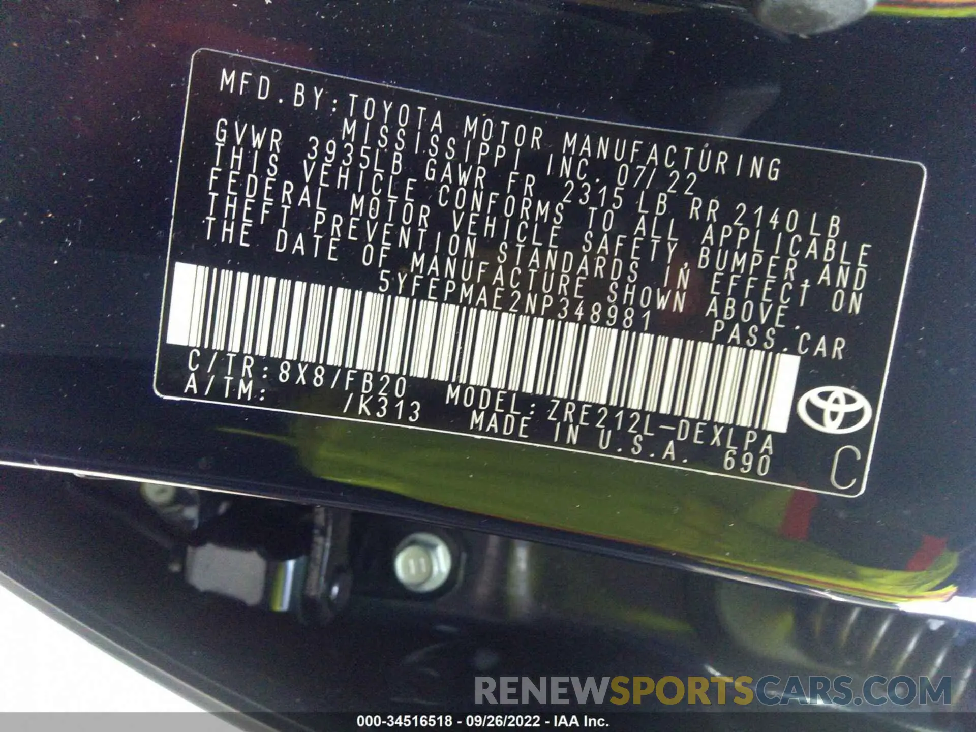 9 fotografías del automóvil dañado 5YFEPMAE2NP348981 TOYOTA COROLLA 2022