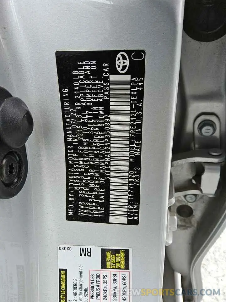 13 fotografías del automóvil dañado 5YFEPMAE2NP350892 TOYOTA COROLLA 2022