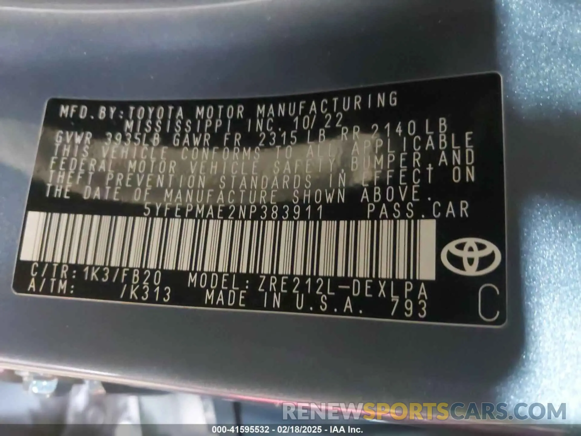 9 fotografías del automóvil dañado 5YFEPMAE2NP383911 TOYOTA COROLLA 2022