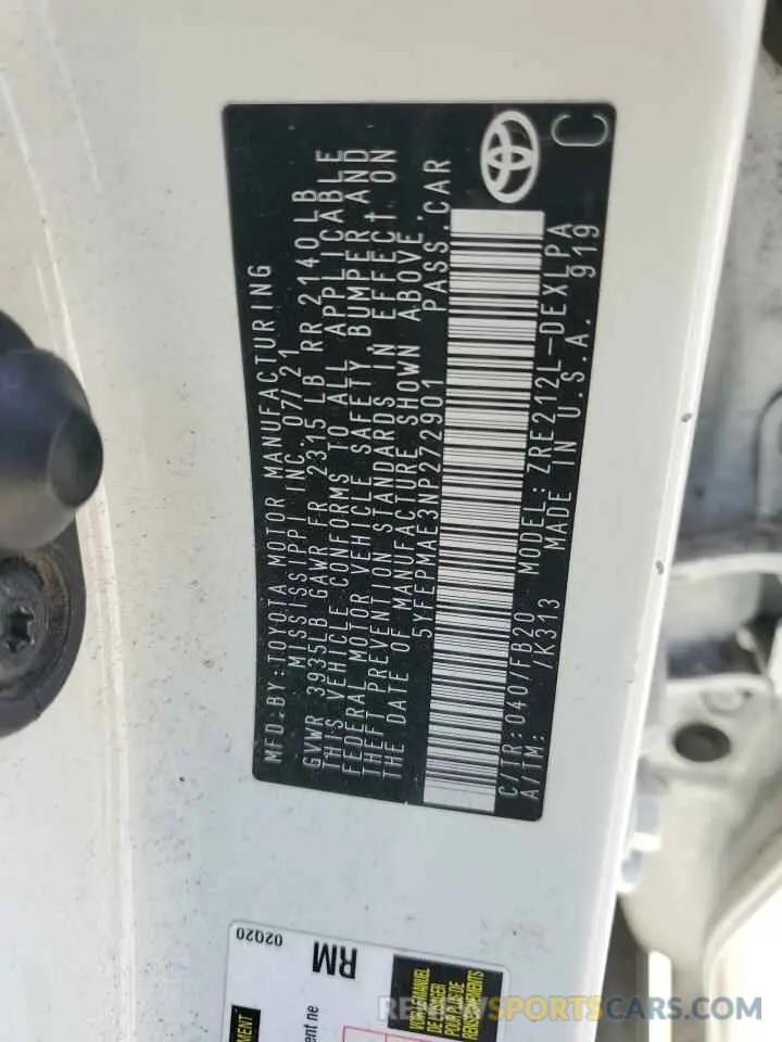 13 fotografías del automóvil dañado 5YFEPMAE3NP272901 TOYOTA COROLLA 2022