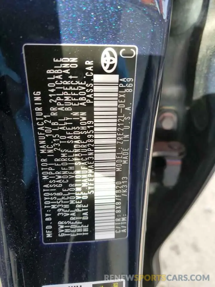 12 fotografías del automóvil dañado 5YFEPMAE3NP289519 TOYOTA COROLLA 2022