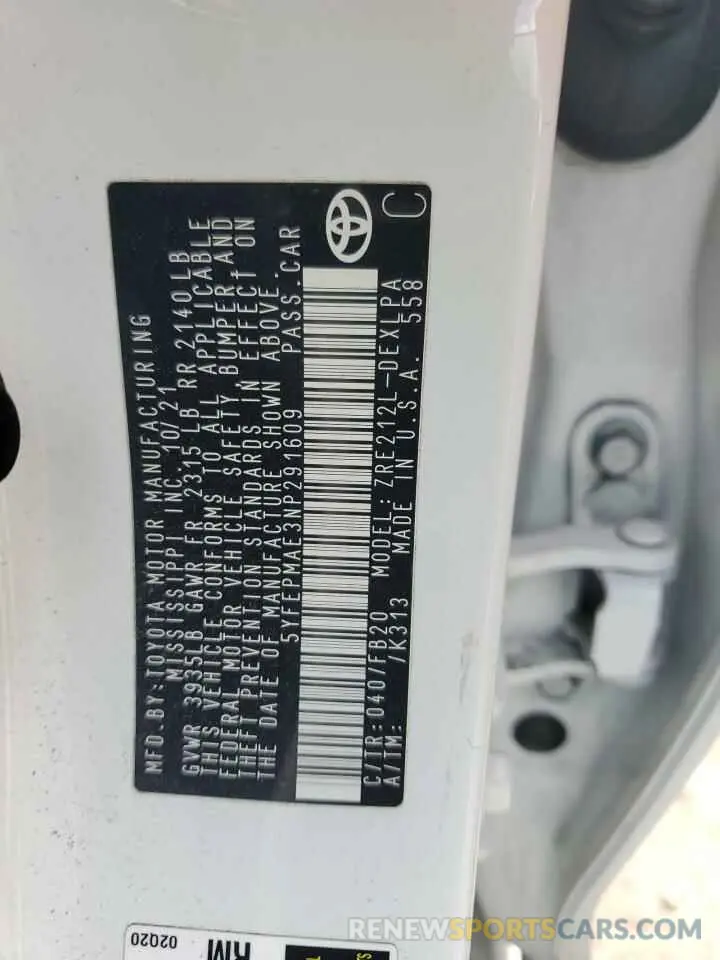 12 fotografías del automóvil dañado 5YFEPMAE3NP291609 TOYOTA COROLLA 2022