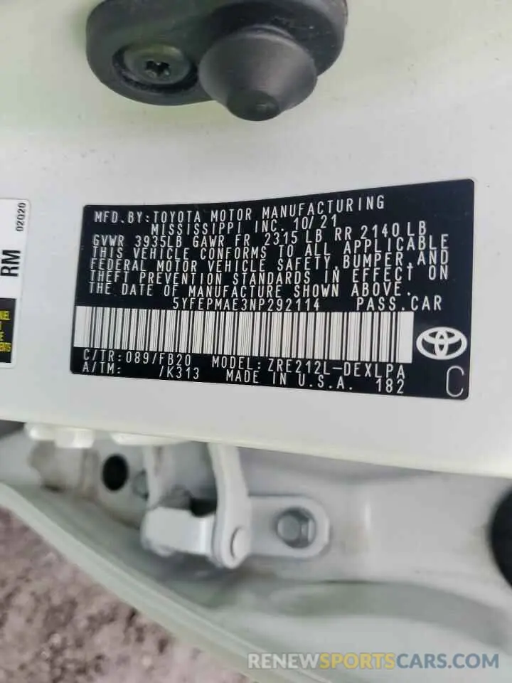 12 fotografías del automóvil dañado 5YFEPMAE3NP292114 TOYOTA COROLLA 2022