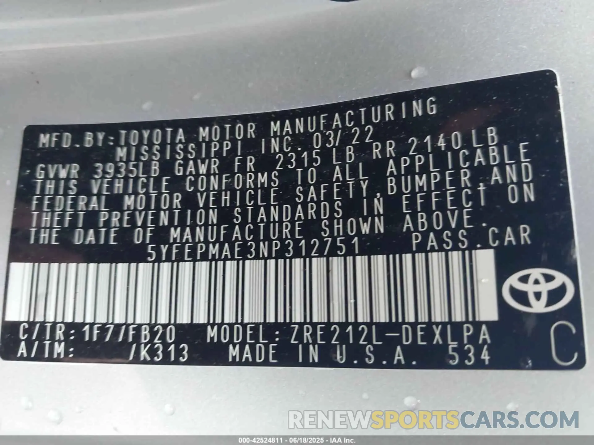 9 fotografías del automóvil dañado 5YFEPMAE3NP312751 TOYOTA COROLLA 2022