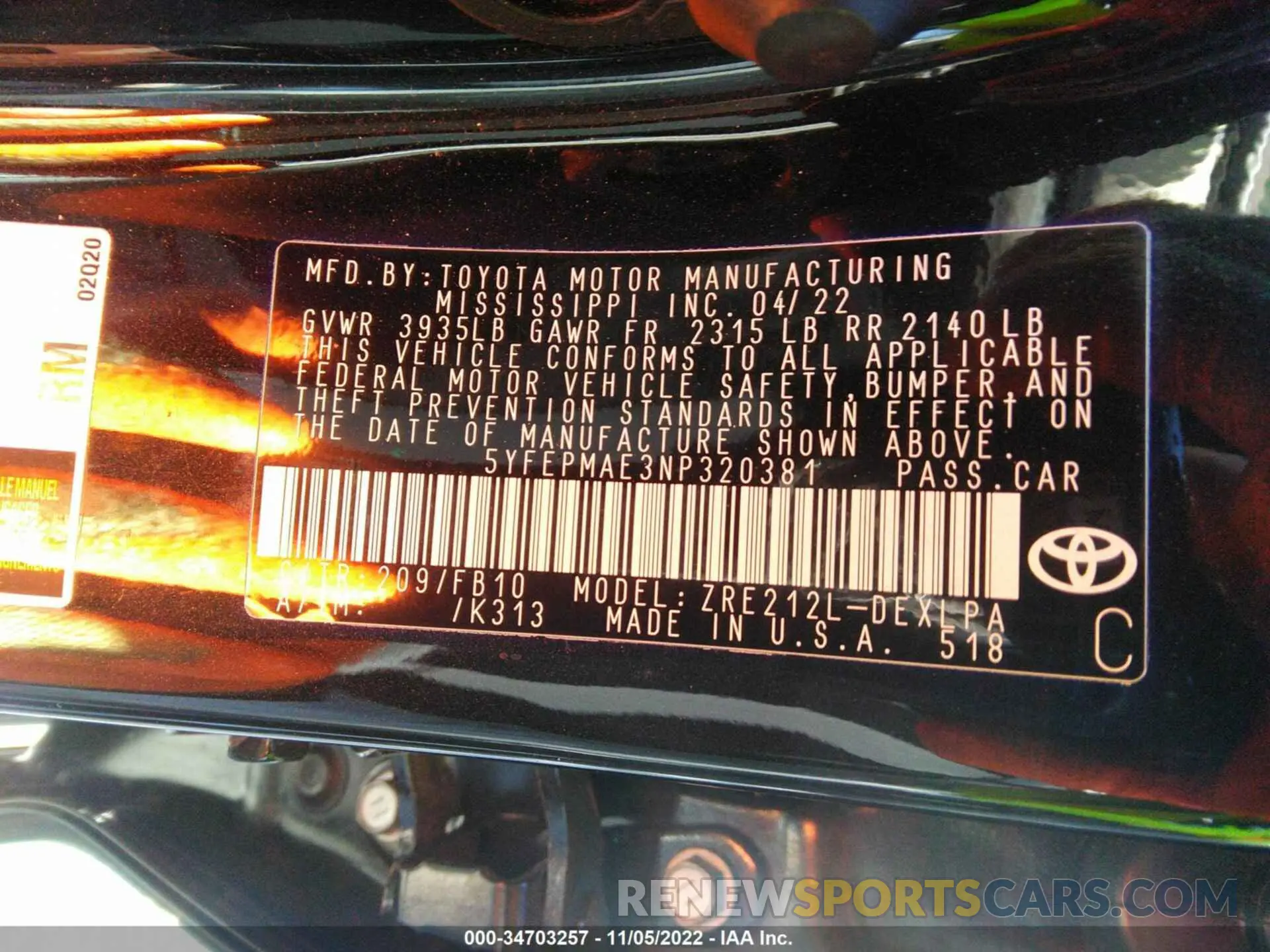 9 fotografías del automóvil dañado 5YFEPMAE3NP320381 TOYOTA COROLLA 2022