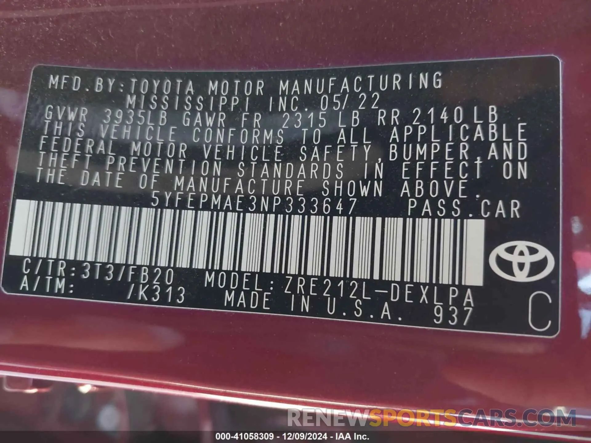 9 fotografías del automóvil dañado 5YFEPMAE3NP333647 TOYOTA COROLLA 2022