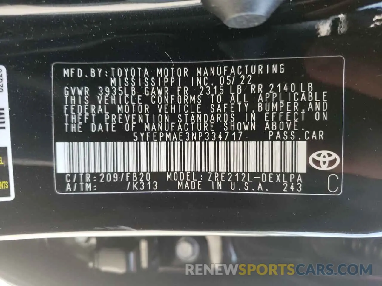 10 fotografías del automóvil dañado 5YFEPMAE3NP334717 TOYOTA COROLLA 2022