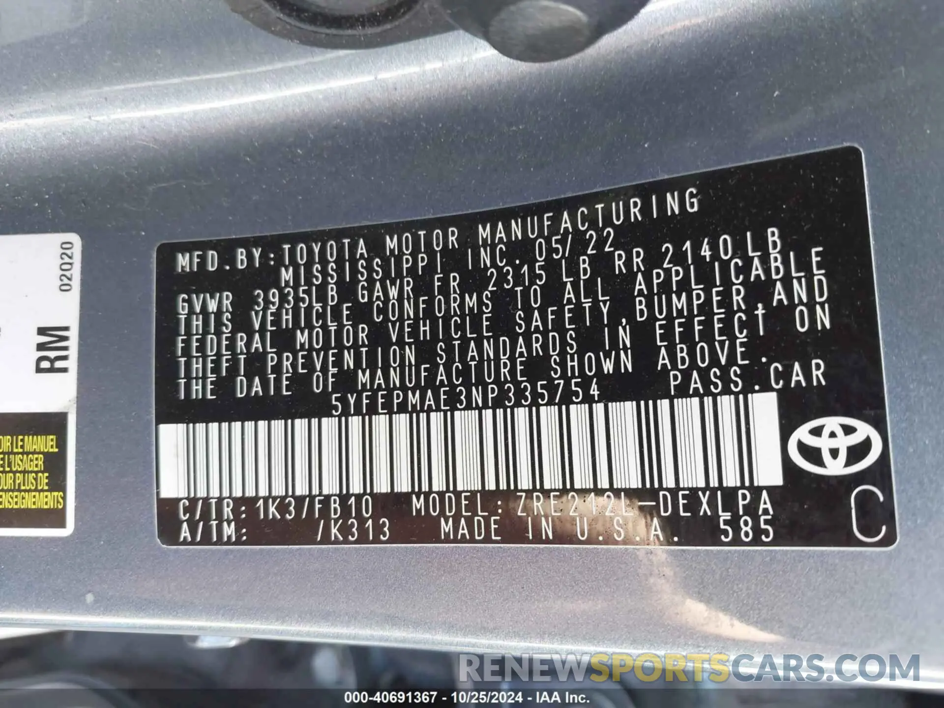 9 fotografías del automóvil dañado 5YFEPMAE3NP335754 TOYOTA COROLLA 2022