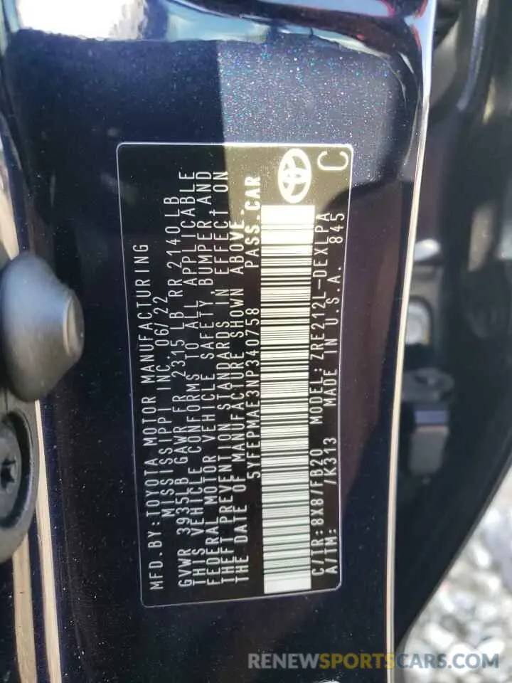 10 fotografías del automóvil dañado 5YFEPMAE3NP340758 TOYOTA COROLLA 2022