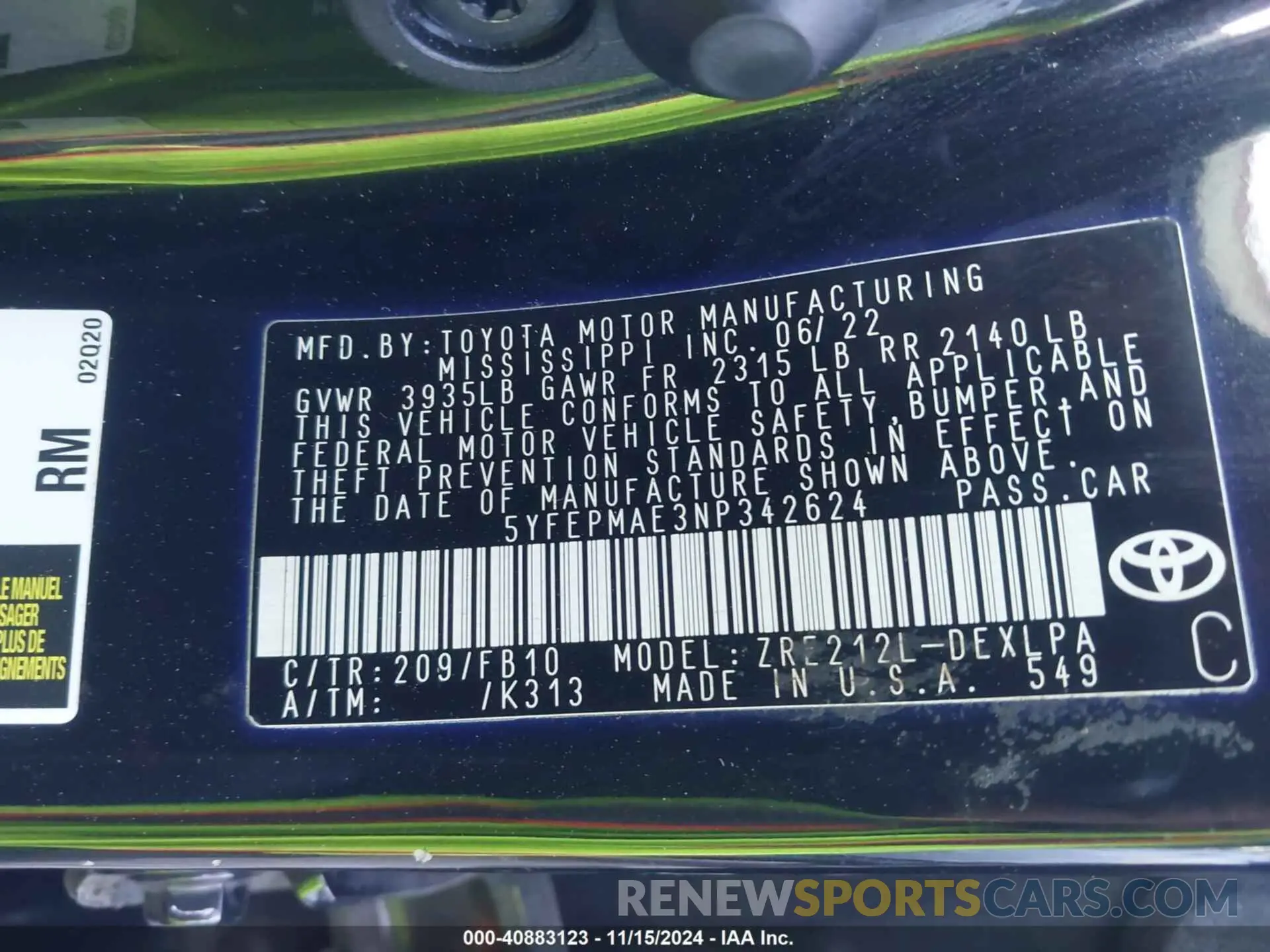9 fotografías del automóvil dañado 5YFEPMAE3NP342624 TOYOTA COROLLA 2022