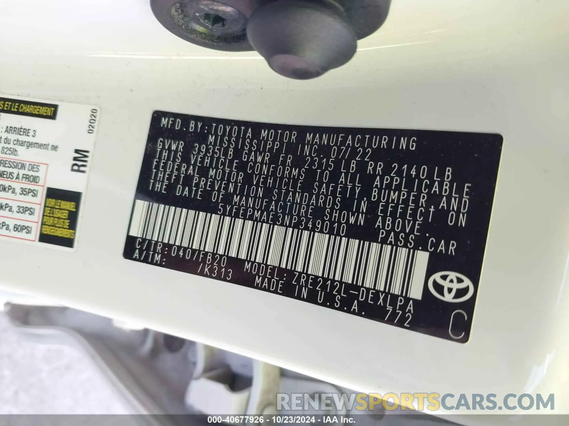 9 fotografías del automóvil dañado 5YFEPMAE3NP349010 TOYOTA COROLLA 2022