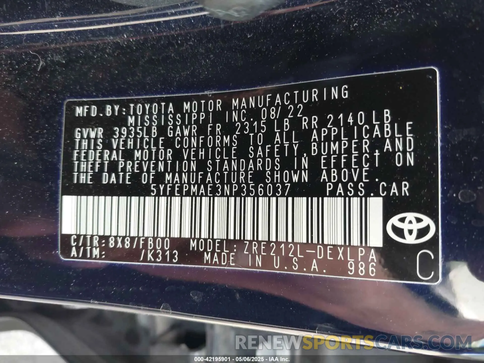 9 fotografías del automóvil dañado 5YFEPMAE3NP356037 TOYOTA COROLLA 2022