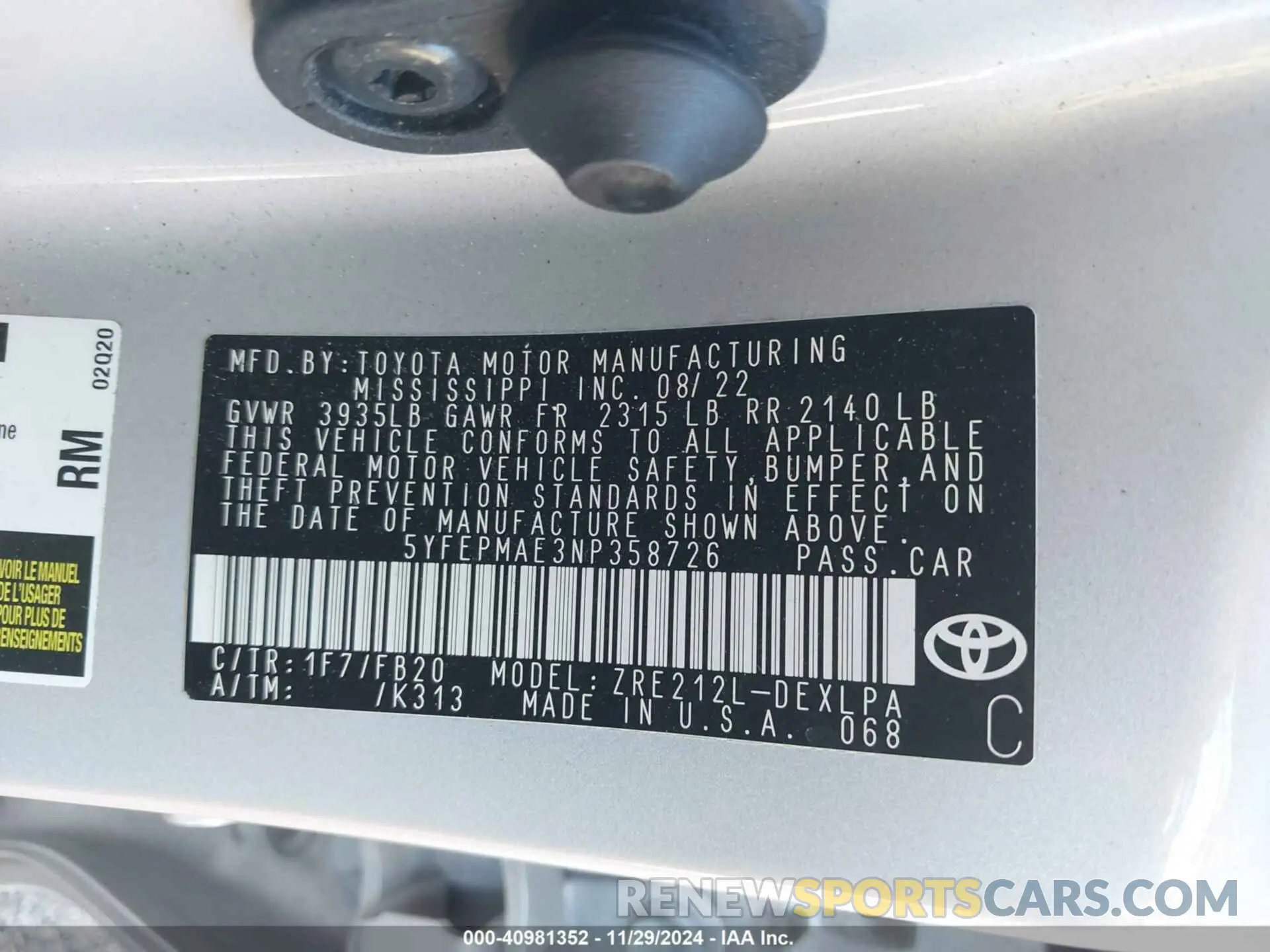 9 fotografías del automóvil dañado 5YFEPMAE3NP358726 TOYOTA COROLLA 2022