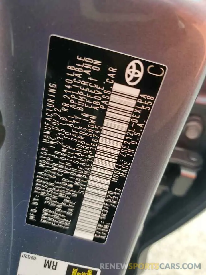 12 fotografías del automóvil dañado 5YFEPMAE3NP366745 TOYOTA COROLLA 2022